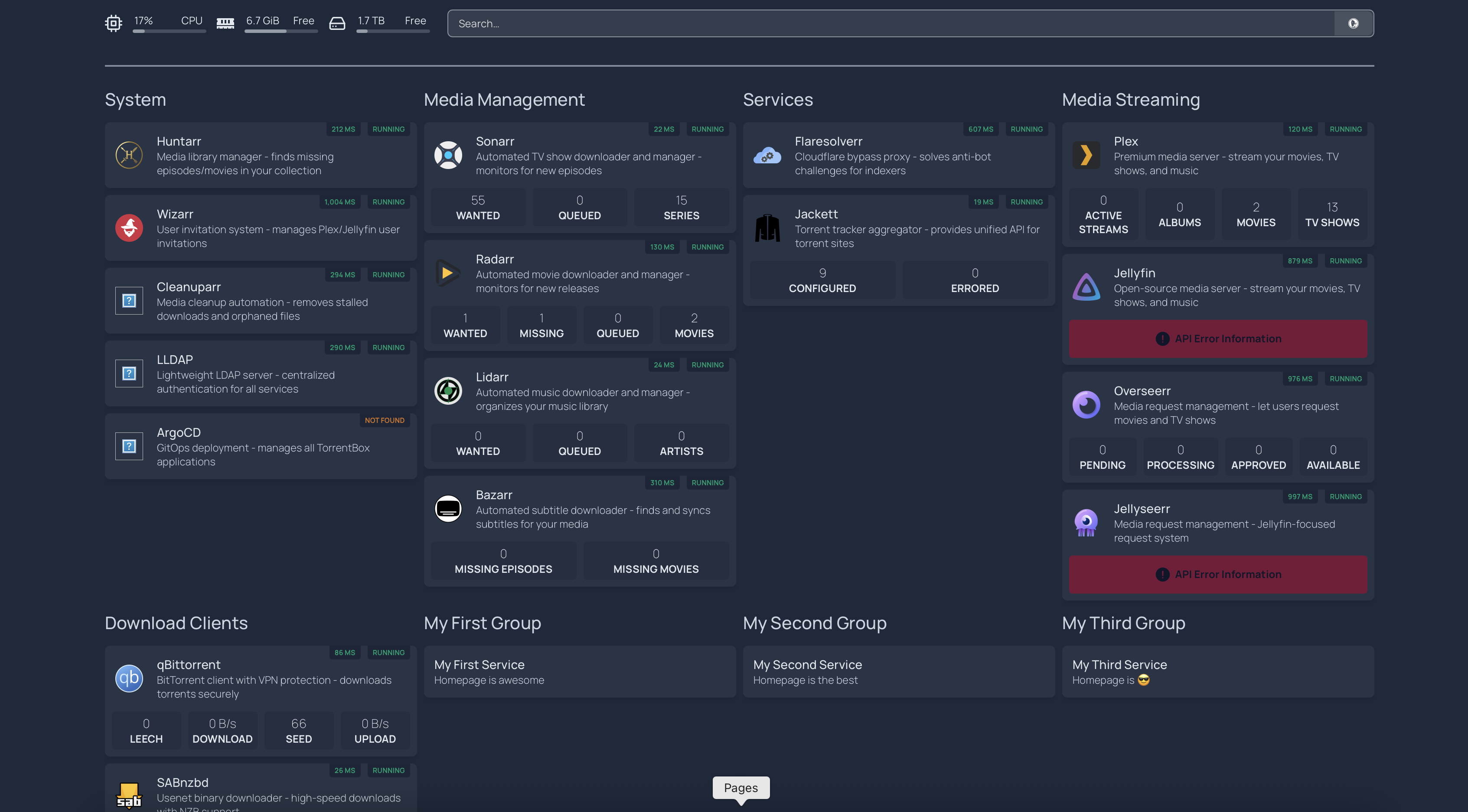 Homepage dashboard showing all running services